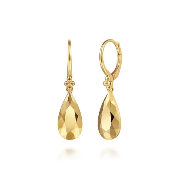 14K Yellow Plain Gold Bujukan and Teardrop Texture Drop Earrings