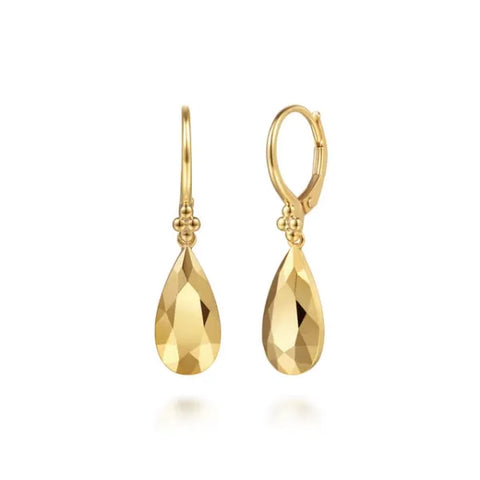 14K Yellow Plain Gold Bujukan and Teardrop Texture Drop Earrings