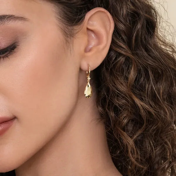 14K Yellow Plain Gold Bujukan and Teardrop Texture Drop Earrings