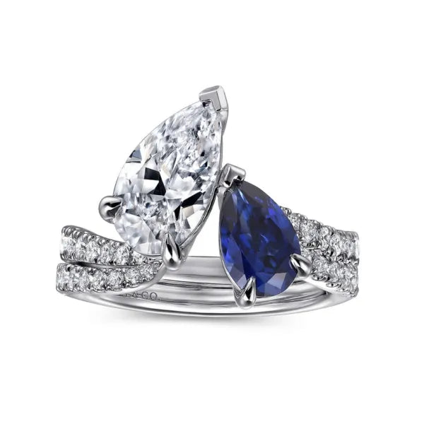 14K White Gold Toi et Moi Pear Shape Sapphire and Diamond Engagement Ring