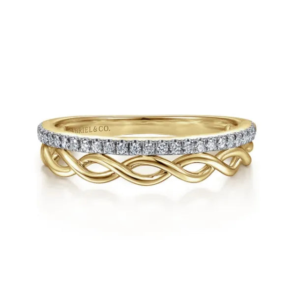 14K Yellow Gold Braided Metal and 0.15ct Diamond Row Ring
