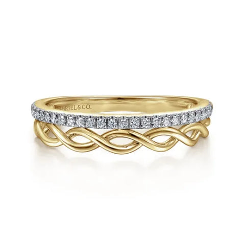 14K Yellow Gold Braided Metal and 0.15ct Diamond Row Ring
