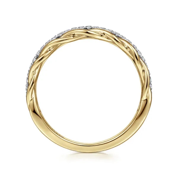 14K Yellow Gold Braided Metal and 0.15ct Diamond Row Ring