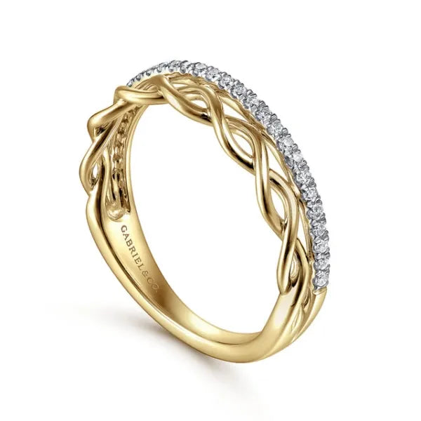 14K Yellow Gold Braided Metal and 0.15ct Diamond Row Ring