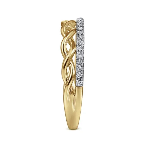 14K Yellow Gold Braided Metal and 0.15ct Diamond Row Ring