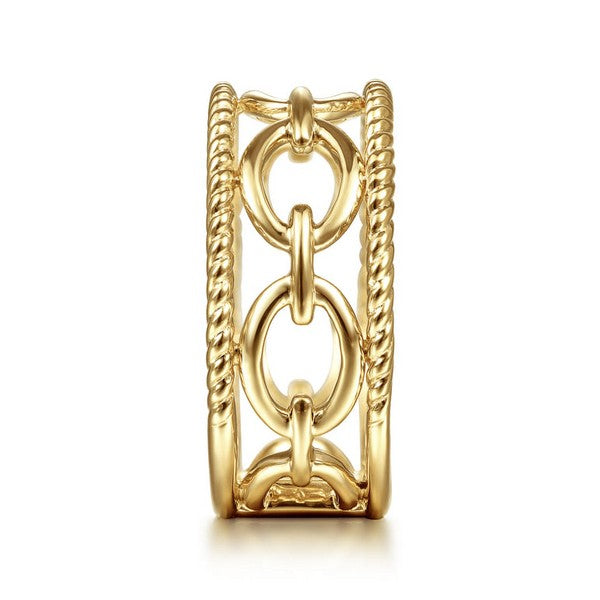14K Yellow Gold Chain Link Ring with Twisted Rope Frame