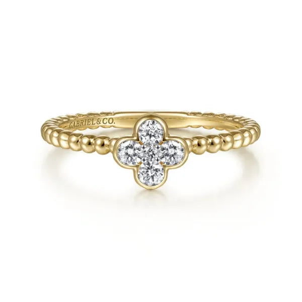 14K Yellow Gold Diamond Cluster Clover and Bujukan Bead Ring