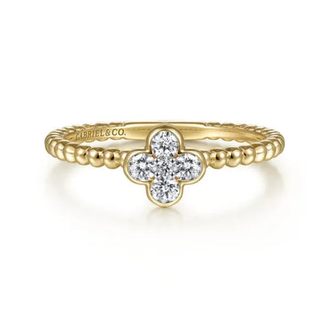 14K Yellow Gold Diamond Cluster Clover and Bujukan Bead Ring