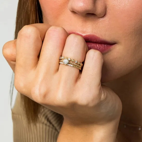 14K Yellow Gold Diamond and Bujukan Bead Station Stackable Ring