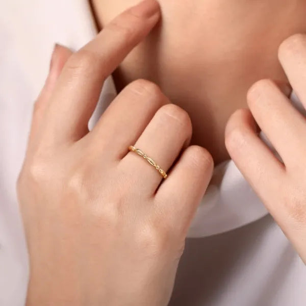 14K Yellow Gold Orzo shape and Bujukan Bead Station Stackable Ring