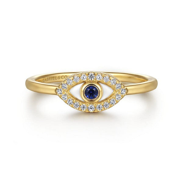 14K Yellow Gold Diamond and Sapphire Evil-Eye Ladies Ring with White Enamel