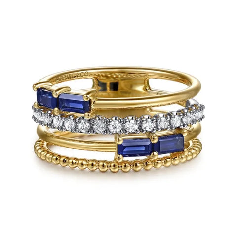 14K White & Yellow Gold Baguette Sapphire and Diamond Easy Stackable Ring