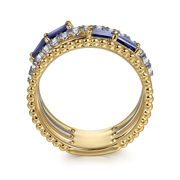 14K White & Yellow Gold Baguette Sapphire and Diamond Easy Stackable Ring