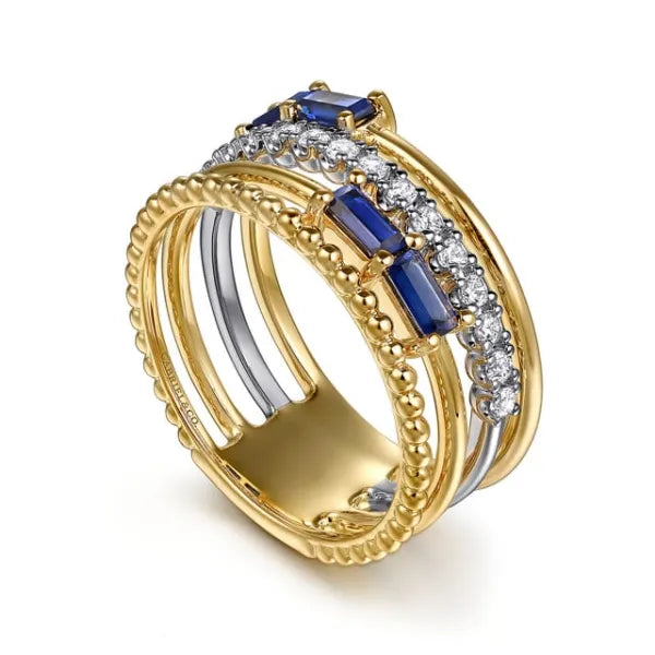 14K White & Yellow Gold Baguette Sapphire and Diamond Easy Stackable Ring