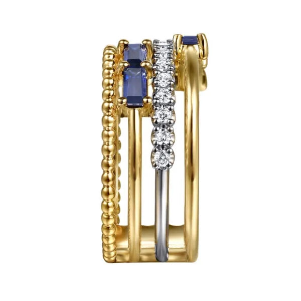 14K White & Yellow Gold Baguette Sapphire and Diamond Easy Stackable Ring