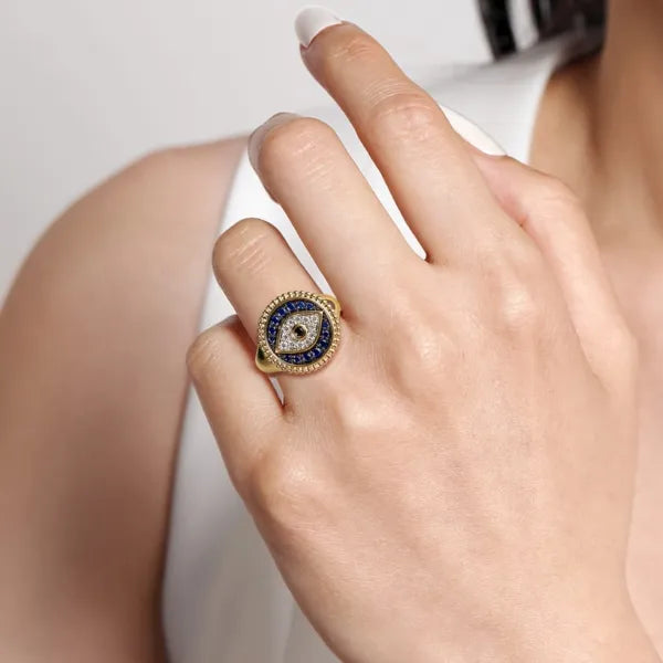 14K Yellow Gold Bujukan Diamond and Multi Stones Evil Eye Signet Ring