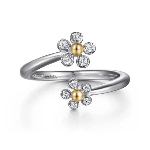 14K Yellow Gold & 925 Sterling Silver Diamond Flower Bypass Ring
