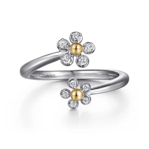 14K Yellow Gold & 925 Sterling Silver Diamond Flower Bypass Ring
