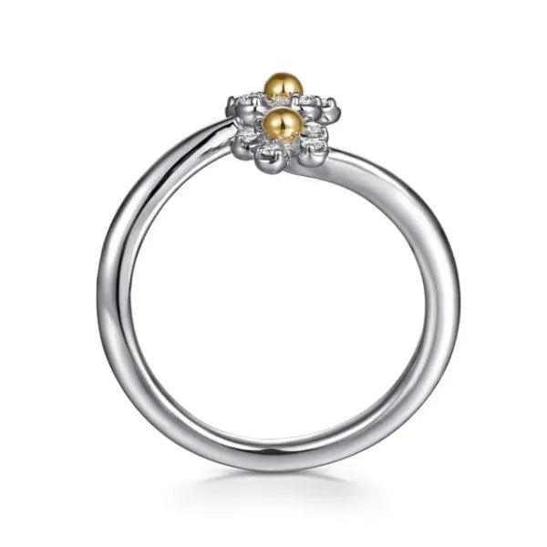 14K Yellow Gold & 925 Sterling Silver Diamond Flower Bypass Ring