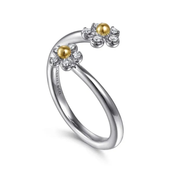 14K Yellow Gold & 925 Sterling Silver Diamond Flower Bypass Ring