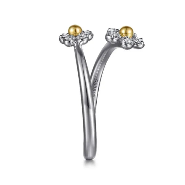 14K Yellow Gold & 925 Sterling Silver Diamond Flower Bypass Ring