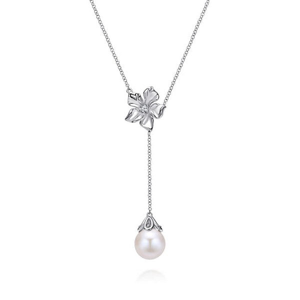 Sterling Silver Floral White Sapphire and Pearl Y Necklace