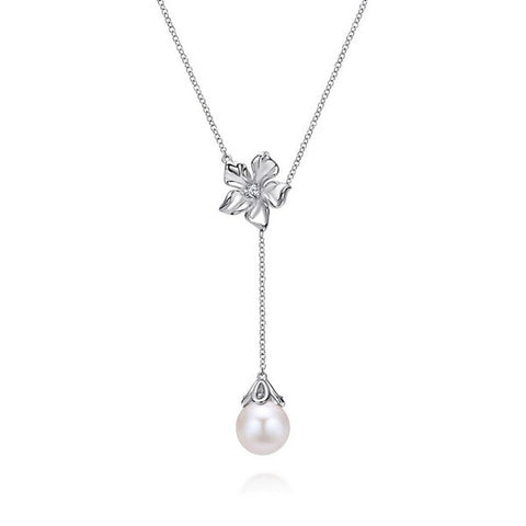 Sterling Silver Floral White Sapphire and Pearl Y Necklace