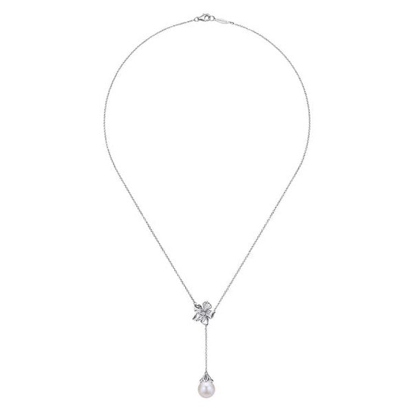 Sterling Silver Floral White Sapphire and Pearl Y Necklace