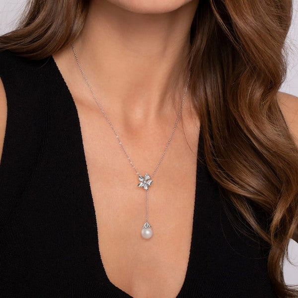 Sterling Silver Floral White Sapphire and Pearl Y Necklace