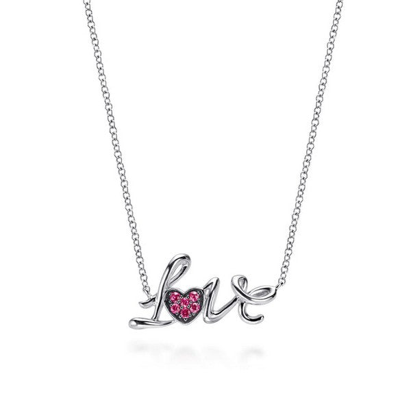925 Sterling Silver Ruby Pave Love Necklace