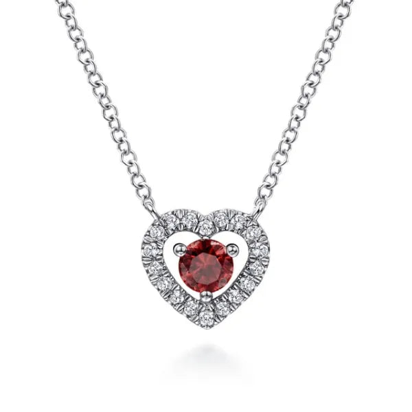 14K White Gold Round 0.20ct Garnet and Diamond 0.09ct Heart Pendant Necklace