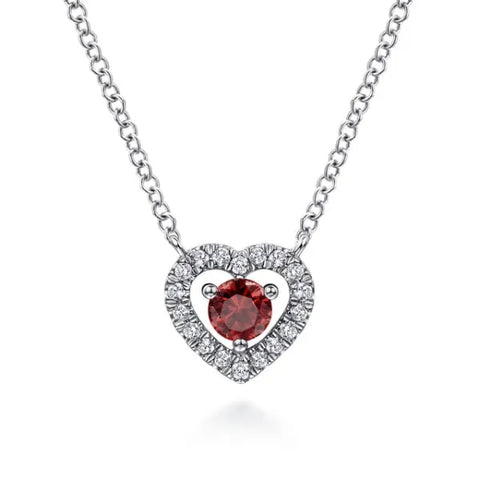 14K White Gold Round 0.20ct Garnet and Diamond 0.09ct Heart Pendant Necklace