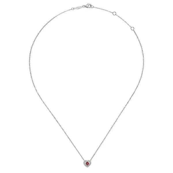14K White Gold Round 0.20ct Garnet and Diamond 0.09ct Heart Pendant Necklace
