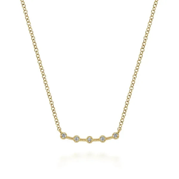 14K Yellow Gold Curved Bar Necklace with Diamond Stations