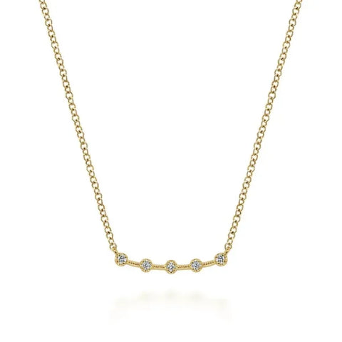 14K Yellow Gold Curved Bar Necklace with Diamond Stations