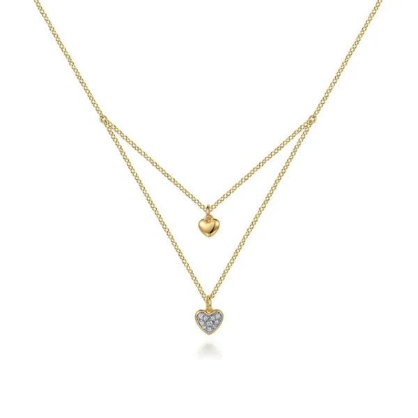 14K Yellow Gold Diamond Double Heart Pendant Necklace