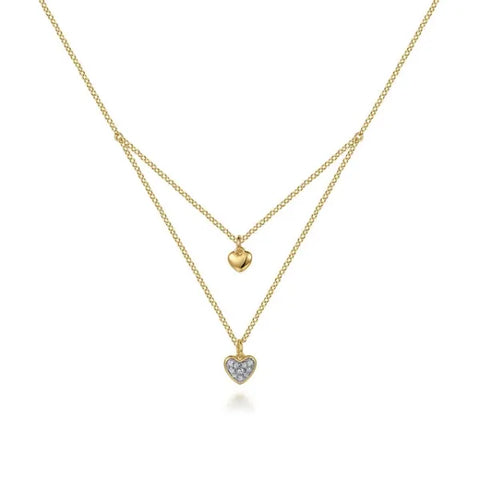 14K Yellow Gold Diamond Double Heart Pendant Necklace