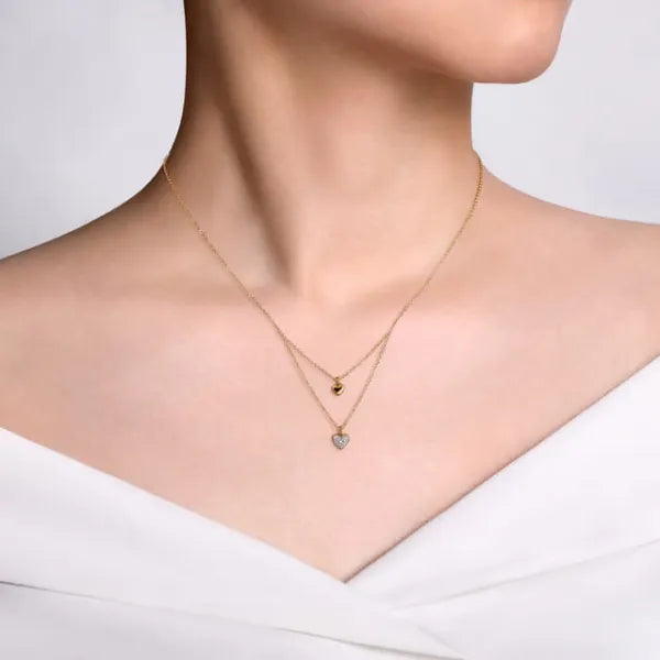 14K Yellow Gold Diamond Double Heart Pendant Necklace