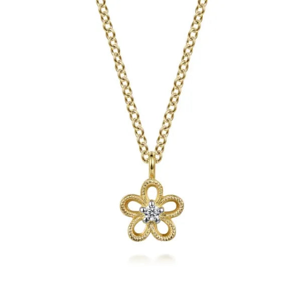 14K Yellow Gold Diamond Flower Pendant Necklace