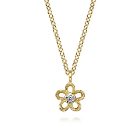 14K Yellow Gold Diamond Flower Pendant Necklace