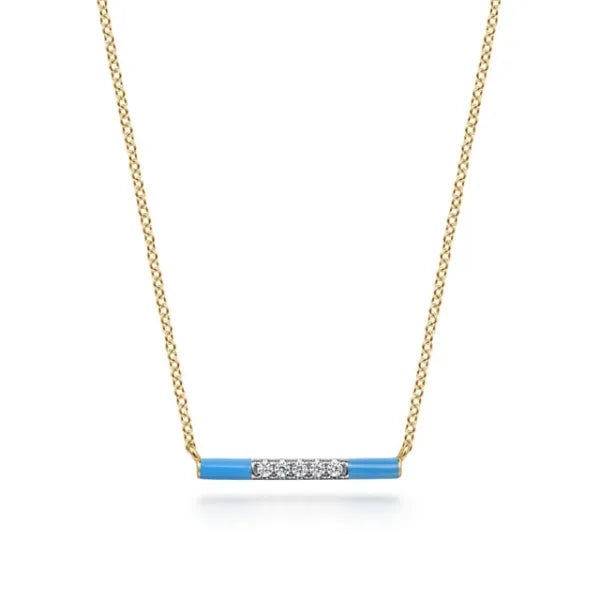 14K Yellow Gold Diamond Bar Necklace with Blue Enamel