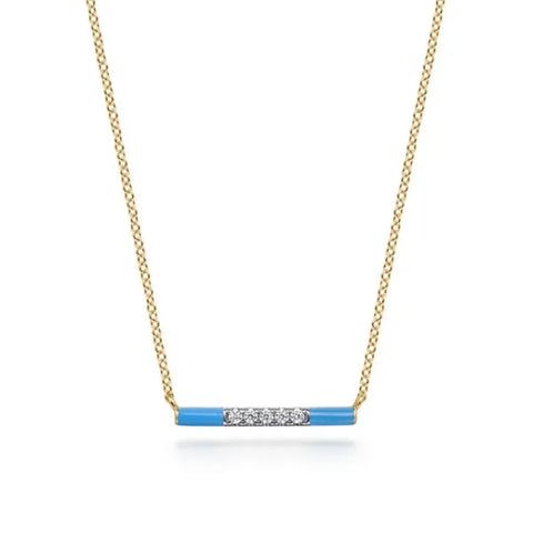 14K Yellow Gold Diamond Bar Necklace with Blue Enamel