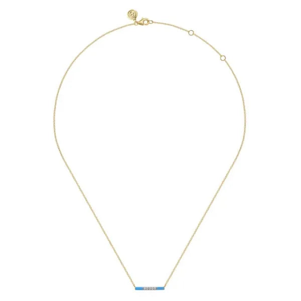 14K Yellow Gold Diamond Bar Necklace with Blue Enamel