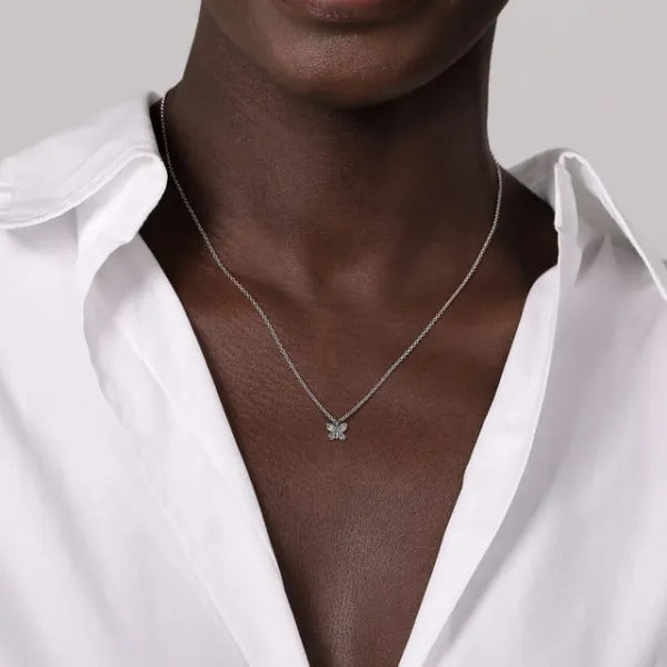 14K White Gold Diamond Butterfly Pendant Necklace