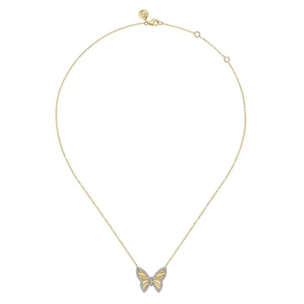 14K White and Yellow Gold Diamond Cut Butterfly Necklace