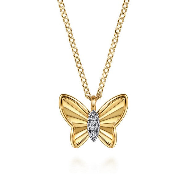 14K Yellow Gold Butterfly Necklace With 0.03ct Diamond Cut Finish And Graduating Diamonds