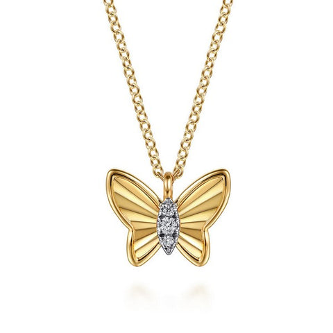 14K Yellow Gold Butterfly Necklace With 0.03ct Diamond Cut Finish And Graduating Diamonds