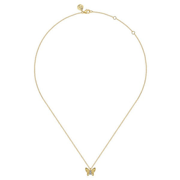 14K Yellow Gold Butterfly Necklace With 0.03ct Diamond Cut Finish And Graduating Diamonds