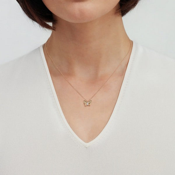 14K Yellow Gold Butterfly Necklace With 0.03ct Diamond Cut Finish And Graduating Diamonds