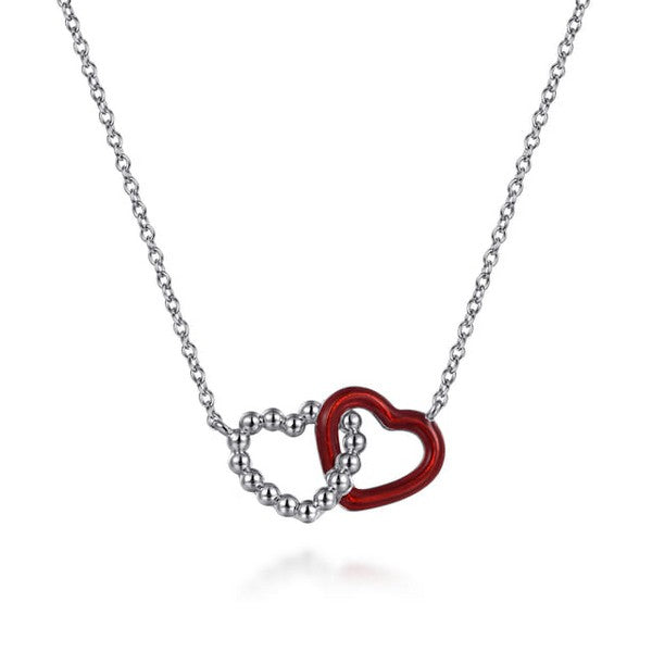 925 Sterling Silver Bujukan Double Heart Pendant Necklace with Chrome Red Enamel